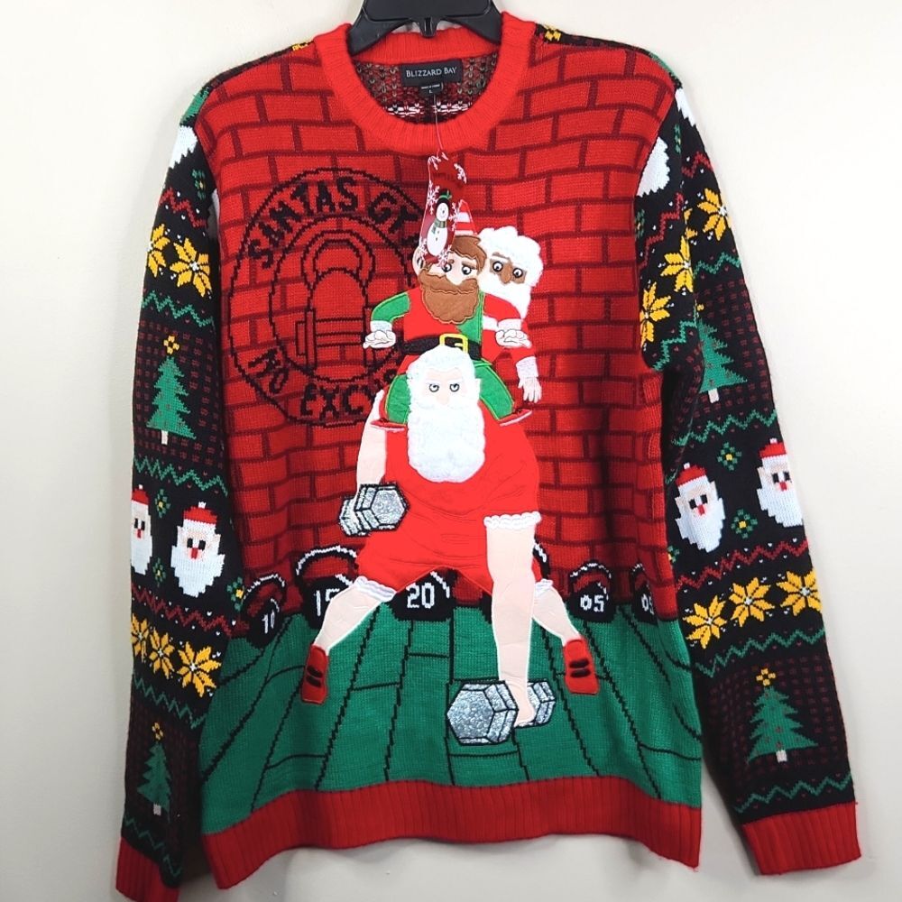 NEW Blizzard Bay Santa's Gym AOP Long Sleeve Pullover Ugly Christmas Sweater L